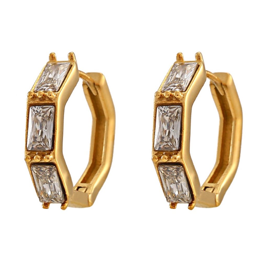 Zircon Small‎ Hoop Earrings Bamboo Shaped 18K Gold Plated
